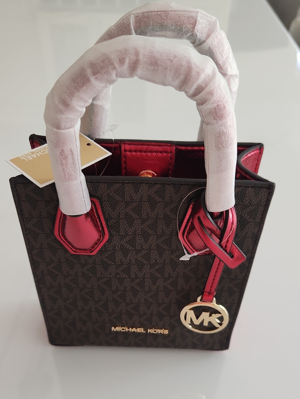 Michael Kors Brown Logo Mini Mercer XS Tote with Crimson Metallic Accents